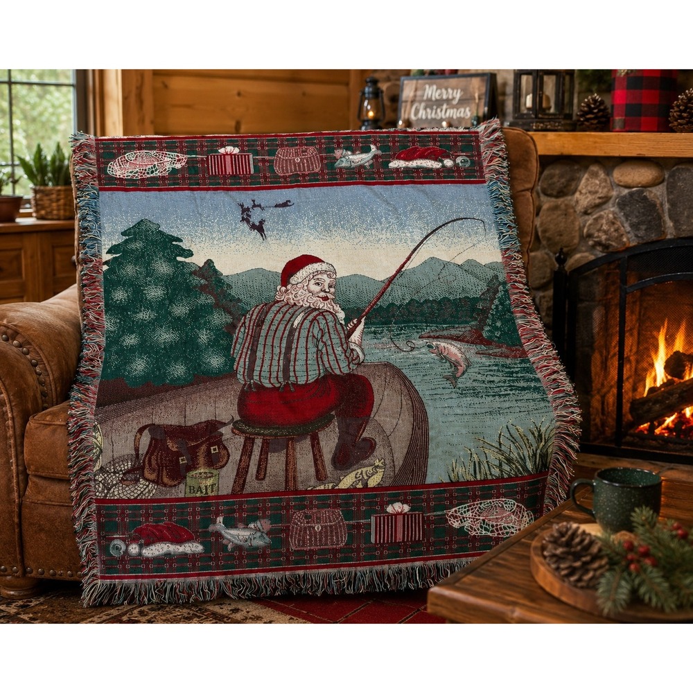 American Weavers Santa‎ Claus Fishing Tapestry Throw Blanket Christmas Cabin
